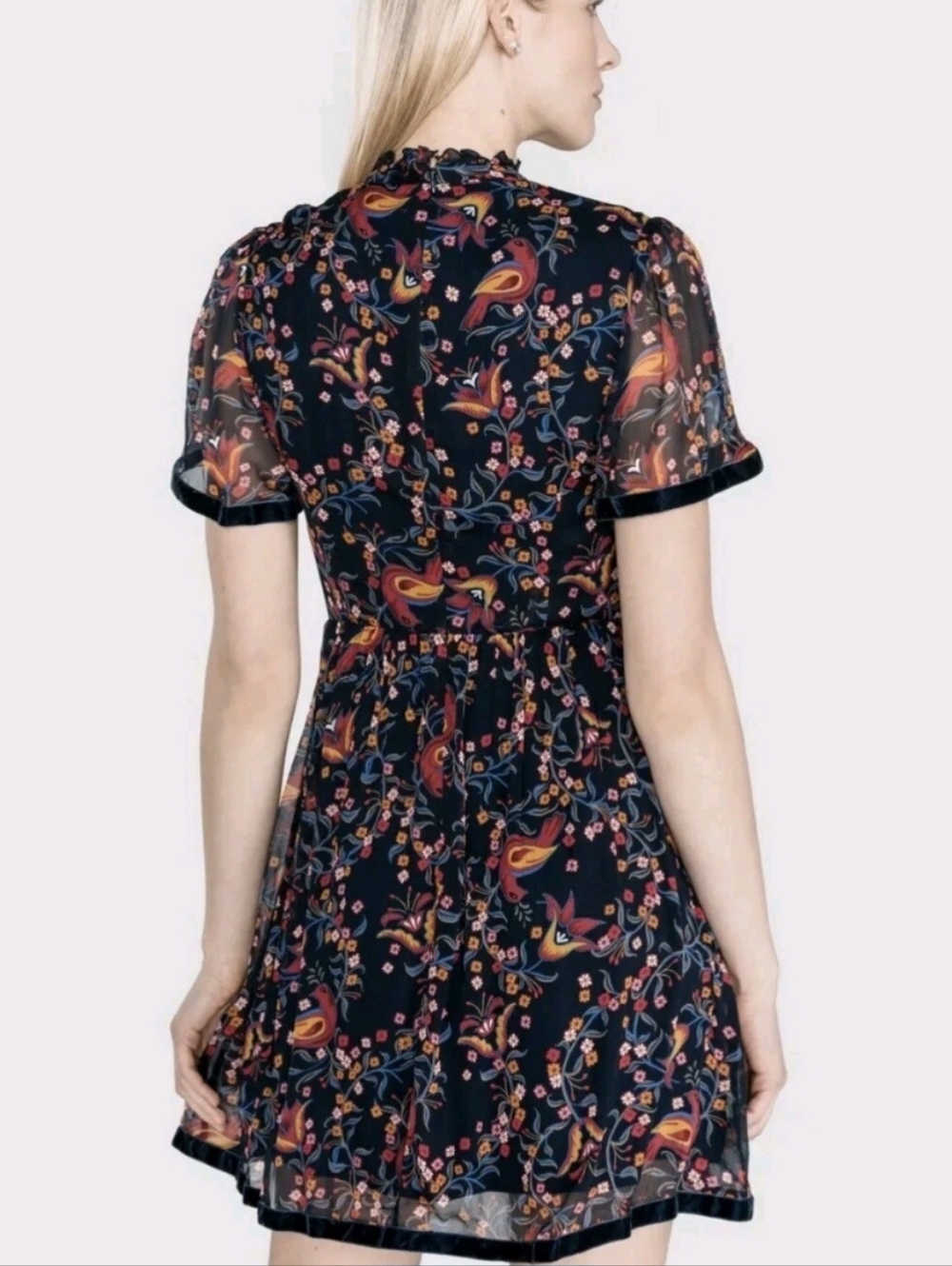 Tommy Hilfiger Dress Folklore Floral Velvet Trim Mock Neck